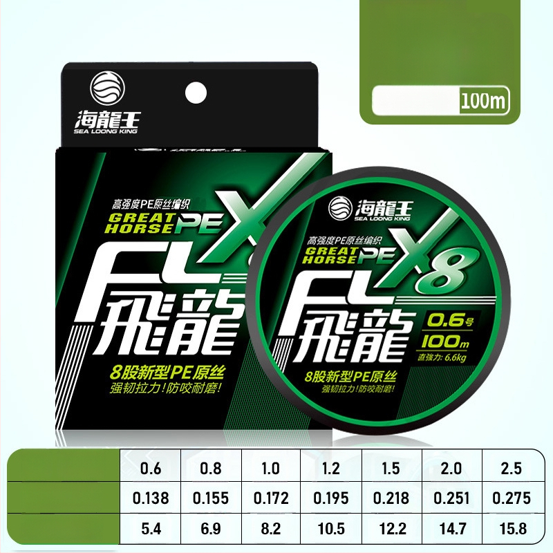 Pagrindinė žvejybos linija Sea Dragon King, PE medžiaga, 8‑gijų ilgi metimai, didelis atsparumas