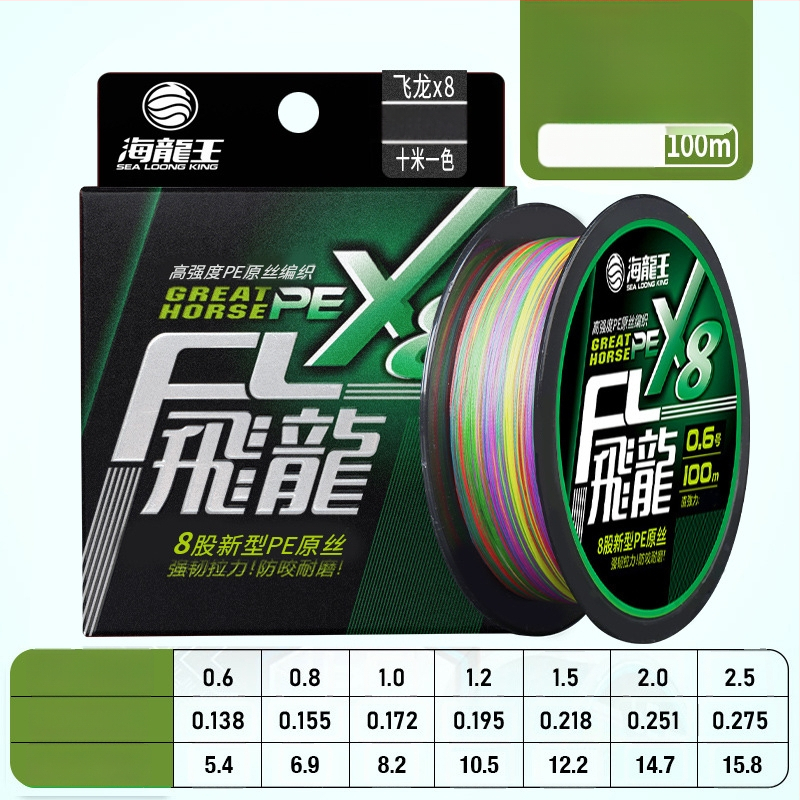 Pagrindinė žvejybos linija Sea Dragon King, PE medžiaga, 8‑gijų ilgi metimai, didelis atsparumas