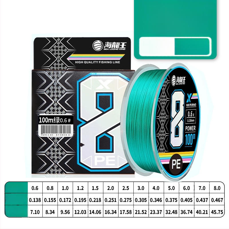 Pagrindinė žvejybos linija Sea Dragon King, PE medžiaga, 8‑gijų ilgi metimai, didelis atsparumas