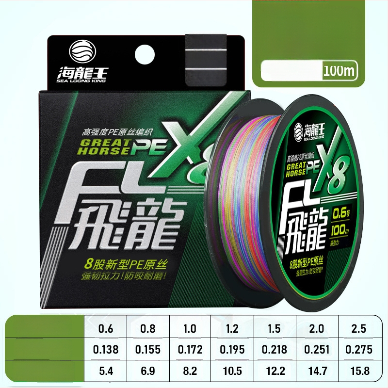 Pagrindinė žvejybos linija Sea Dragon King, PE medžiaga, 8‑gijų ilgi metimai, didelis atsparumas