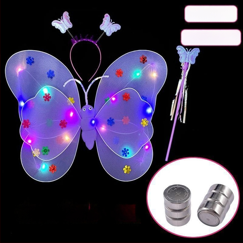 Mergaičių švytintys drugelių sparnai — audinys, animacinis stilius, sceninis rekvizitas