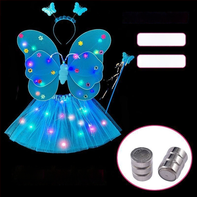 Mergaičių švytintys drugelių sparnai — audinys, animacinis stilius, sceninis rekvizitas