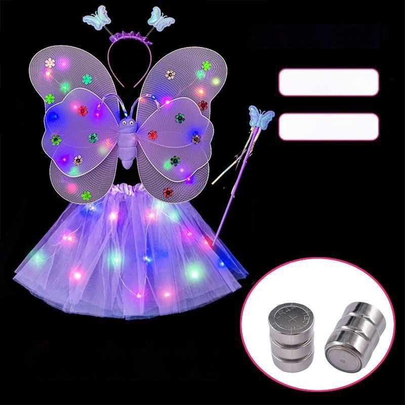 Mergaičių švytintys drugelių sparnai — audinys, animacinis stilius, sceninis rekvizitas