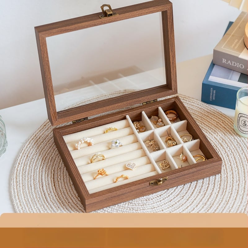 Kutija za nakit s uzorkom orahovog drveta, 9 pregrada, otporna na prašinu, prijenosna, retro stil