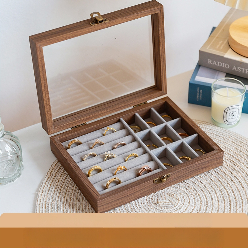 Kutija za nakit s uzorkom orahovog drveta, 9 pregrada, otporna na prašinu, prijenosna, retro stil