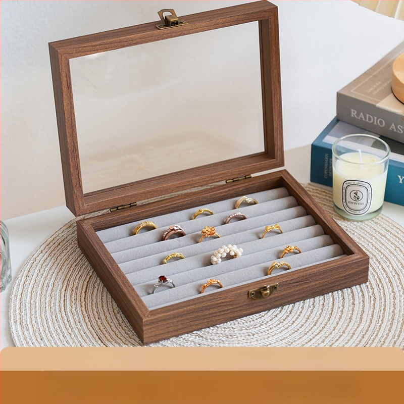 Kutija za nakit s uzorkom orahovog drveta, 9 pregrada, otporna na prašinu, prijenosna, retro stil