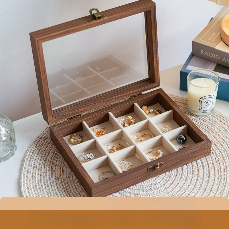 Kutija za nakit s uzorkom orahovog drveta, 9 pregrada, otporna na prašinu, prijenosna, retro stil