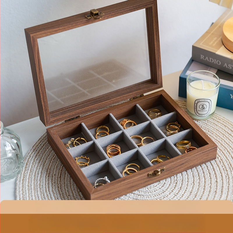Kutija za nakit s uzorkom orahovog drveta, 9 pregrada, otporna na prašinu, prijenosna, retro stil