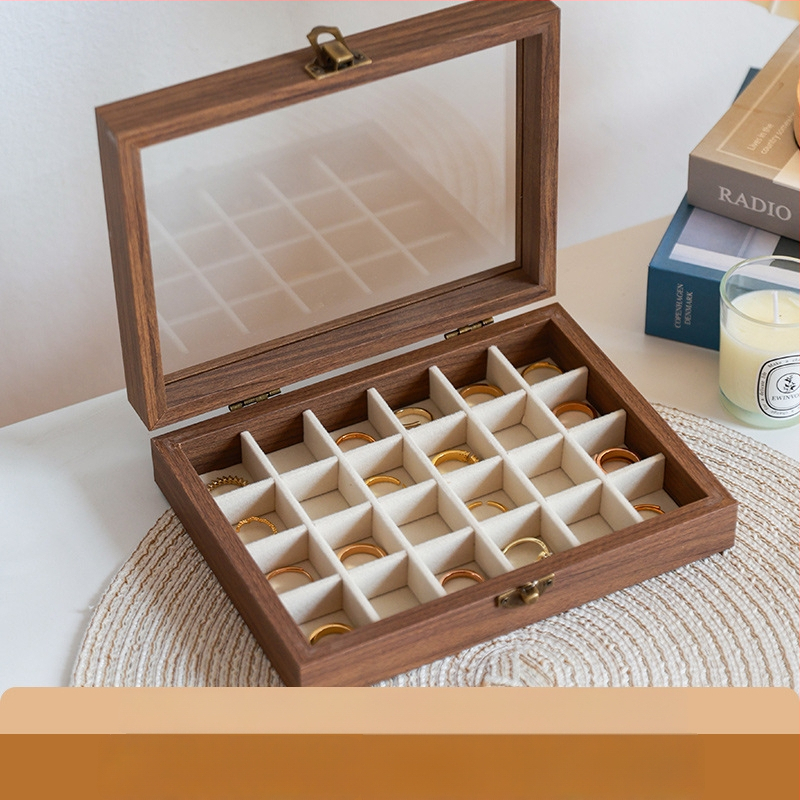 Kutija za nakit s uzorkom orahovog drveta, 9 pregrada, otporna na prašinu, prijenosna, retro stil