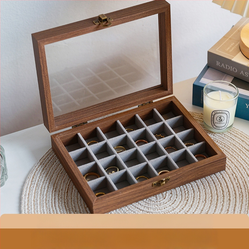 Kutija za nakit s uzorkom orahovog drveta, 9 pregrada, otporna na prašinu, prijenosna, retro stil