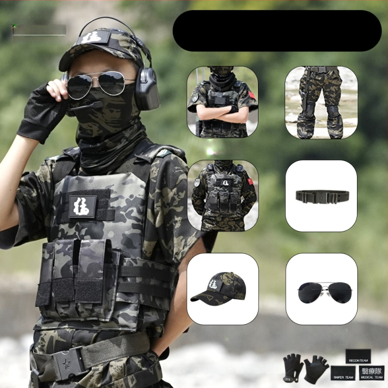 Vaikų taktinė liemenė su kamufližu, 100% medvilnė, greitai džiūsta, kvėpuojanti, atspari dėvėjimuisi, universali