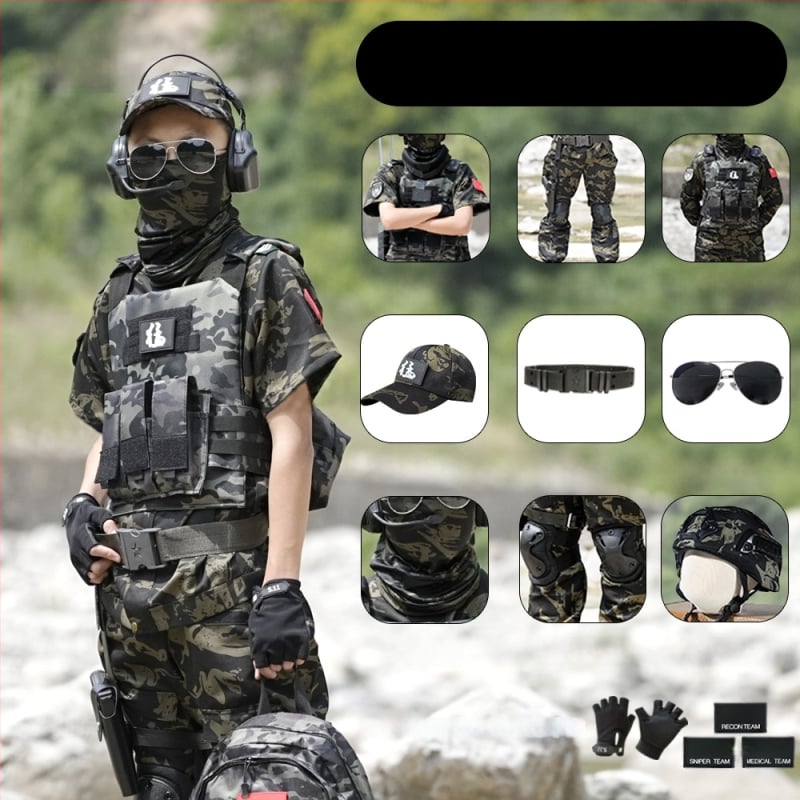 Vaikų taktinė liemenė su kamufližu, 100% medvilnė, greitai džiūsta, kvėpuojanti, atspari dėvėjimuisi, universali