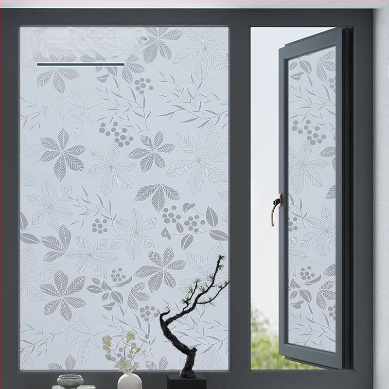 PVC lango filmas privatumo užtikrinimui su augalų motyvu, matinė apdaila, tinkama voniai ir stiklinėms durims – paprastas ir modernus stilius