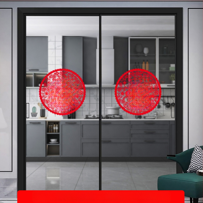 PVC стикер за стъклена врата - противоударен декал с благословен мотив, 1 брой, плосък стенен стикер в стил Нов китайски стил за кухненски стъклени врати