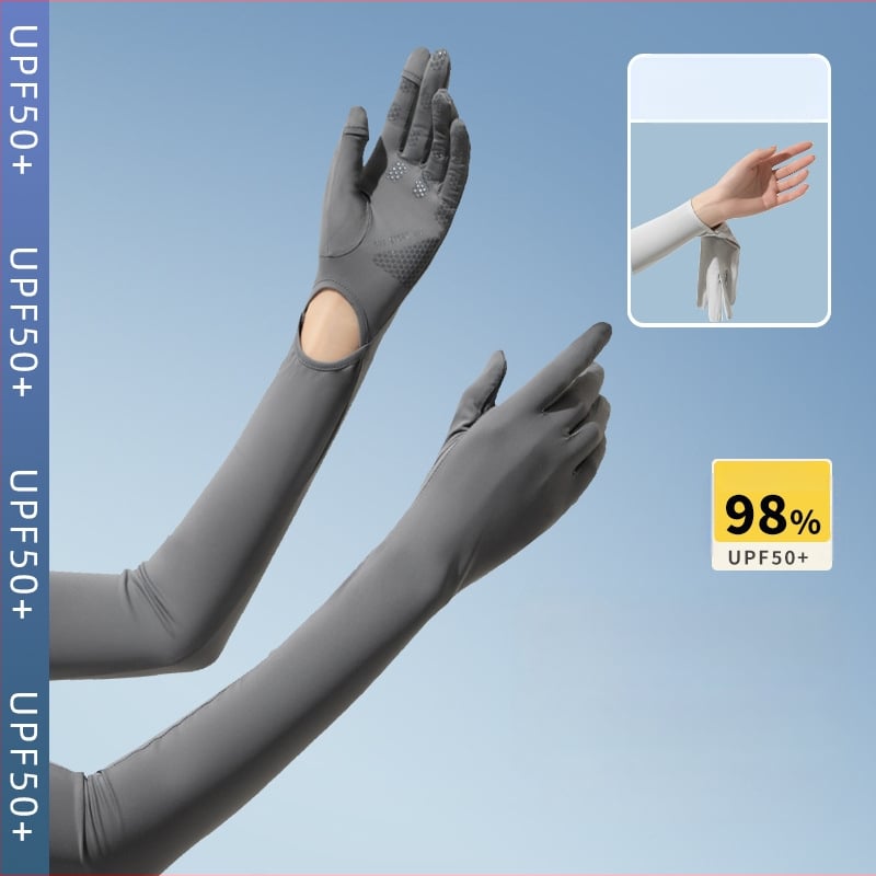 Дълги UV ръкавици от ледено копринено плат — нейлон/ice silk смес с 11–20% спандекс, UV защита, лято 2024