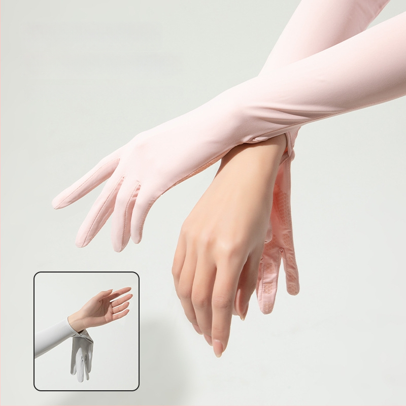 Дълги UV ръкавици от ледено копринено плат — нейлон/ice silk смес с 11–20% спандекс, UV защита, лято 2024