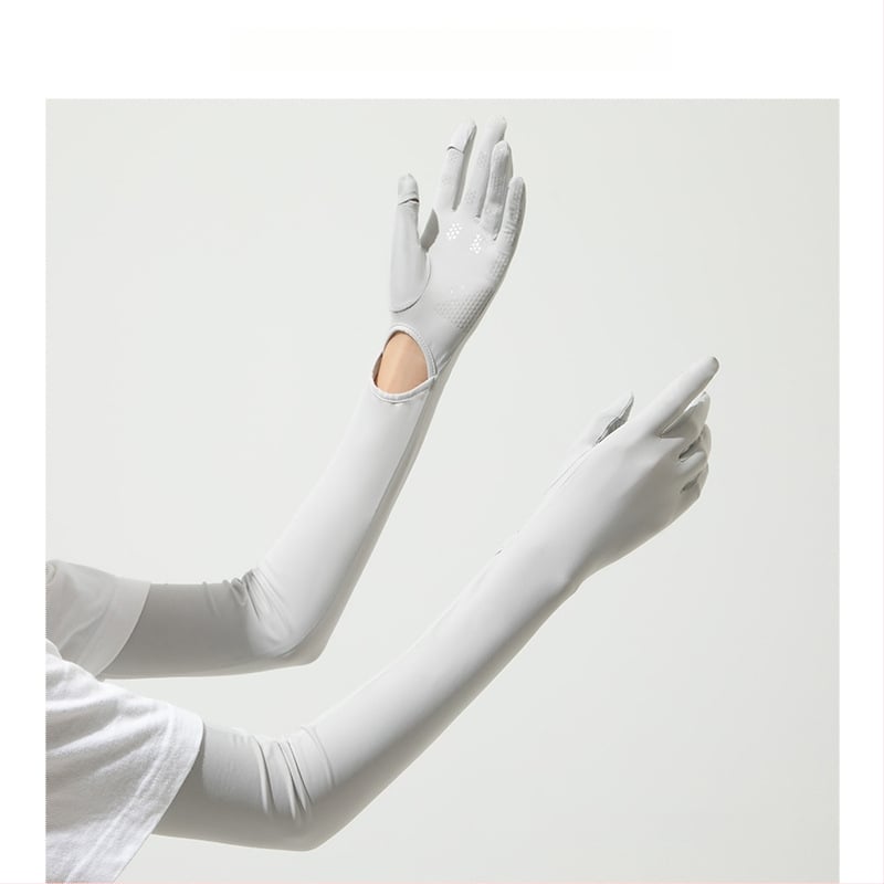 Дълги UV ръкавици от ледено копринено плат — нейлон/ice silk смес с 11–20% спандекс, UV защита, лято 2024