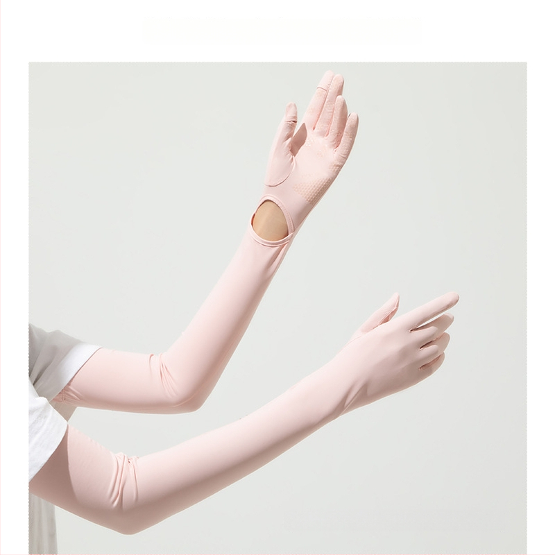 Дълги UV ръкавици от ледено копринено плат — нейлон/ice silk смес с 11–20% спандекс, UV защита, лято 2024