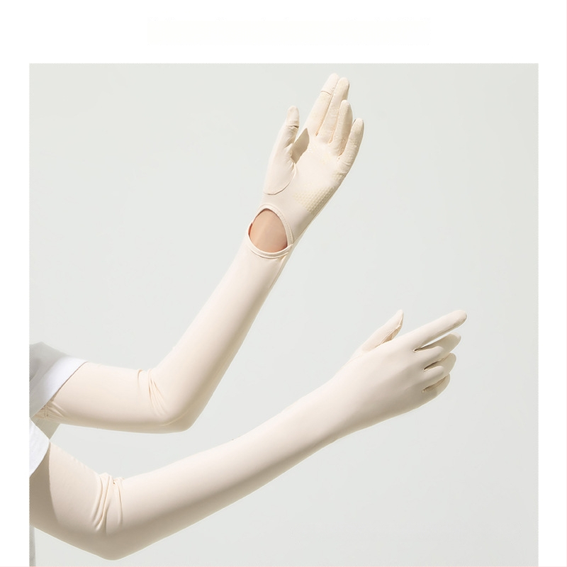 Дълги UV ръкавици от ледено копринено плат — нейлон/ice silk смес с 11–20% спандекс, UV защита, лято 2024