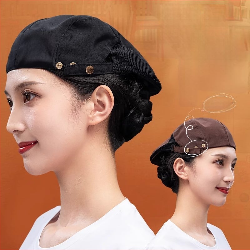 Beret pentru catering, din bumbac, șapcă cu plasă respirabilă, vârf plat, bor scurt, logo imprimat