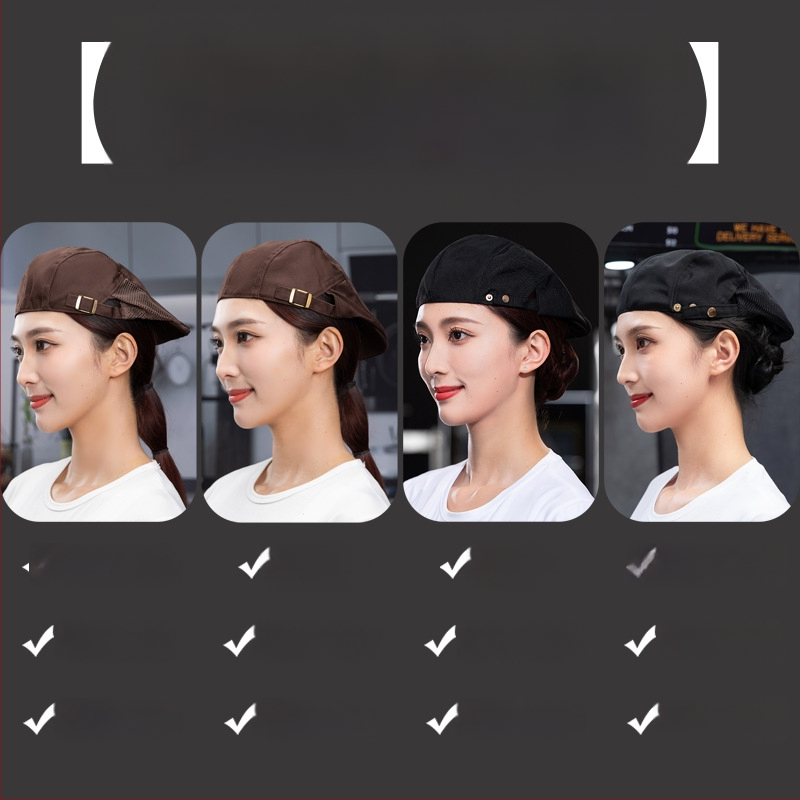 Beret pentru catering, din bumbac, șapcă cu plasă respirabilă, vârf plat, bor scurt, logo imprimat