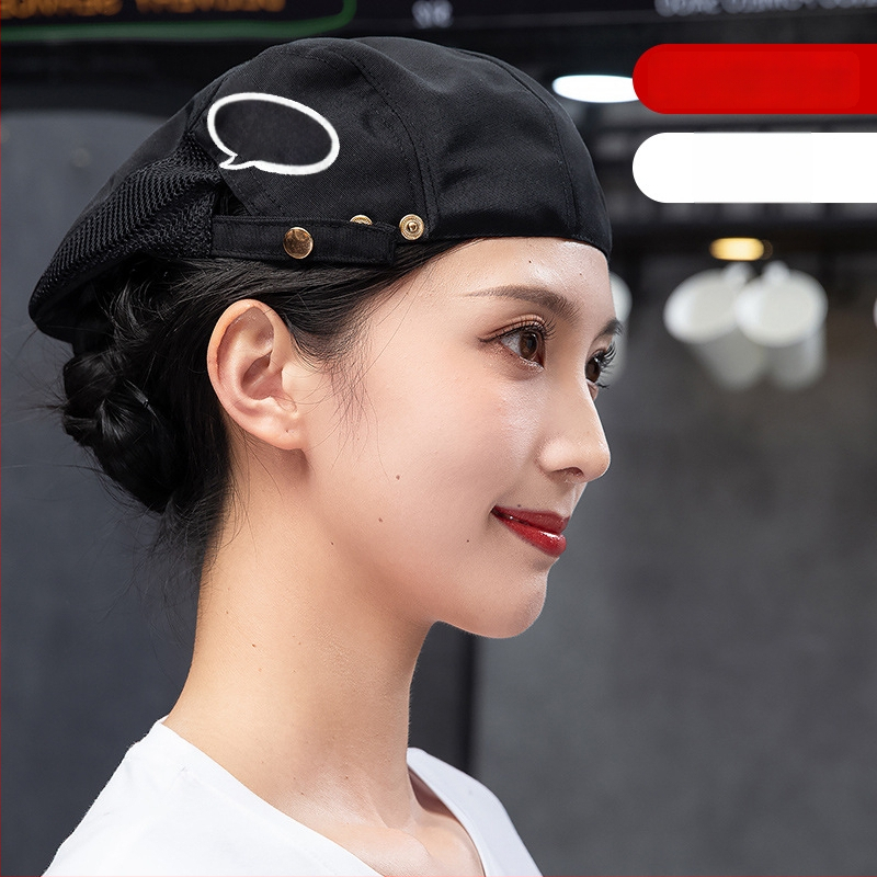 Beret pentru catering, din bumbac, șapcă cu plasă respirabilă, vârf plat, bor scurt, logo imprimat