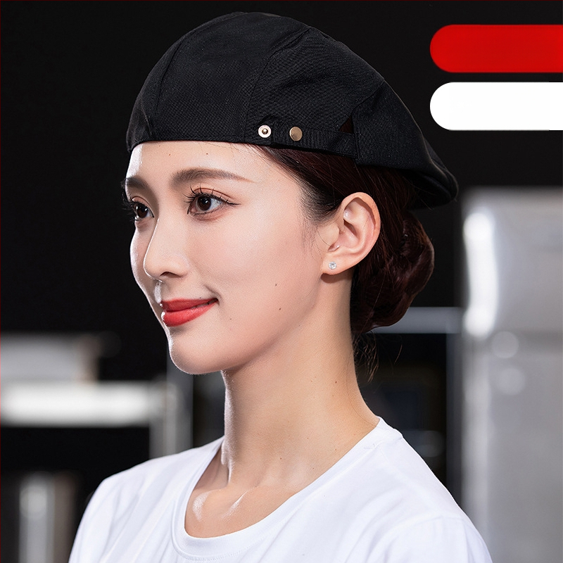 Beret pentru catering, din bumbac, șapcă cu plasă respirabilă, vârf plat, bor scurt, logo imprimat