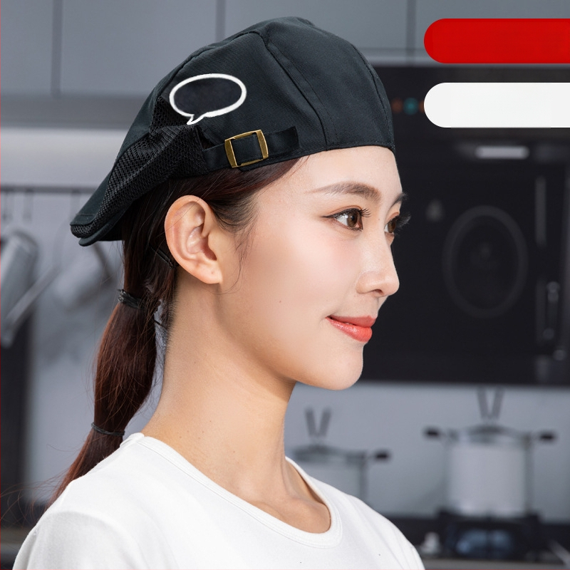 Beret pentru catering, din bumbac, șapcă cu plasă respirabilă, vârf plat, bor scurt, logo imprimat