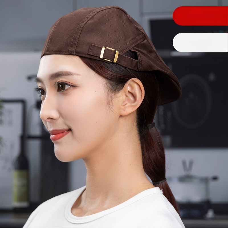 Beret pentru catering, din bumbac, șapcă cu plasă respirabilă, vârf plat, bor scurt, logo imprimat