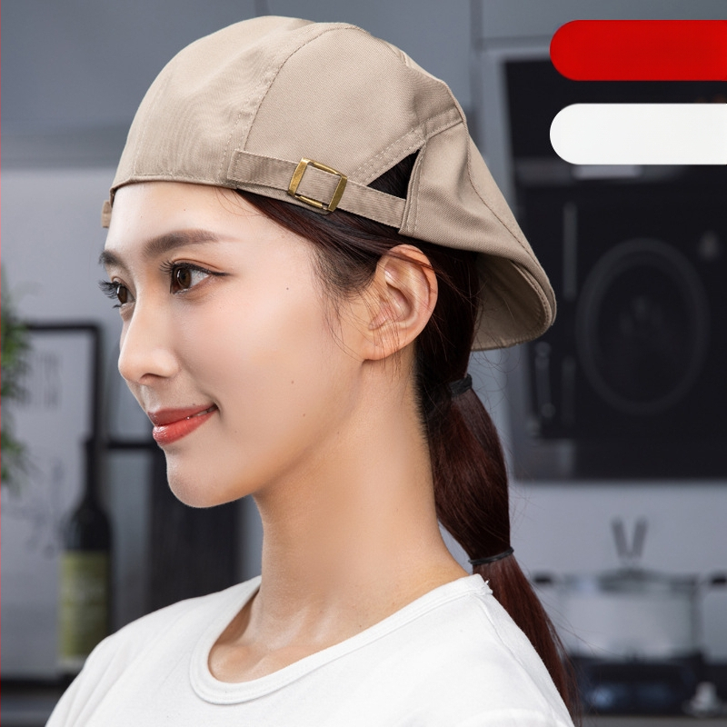 Beret pentru catering, din bumbac, șapcă cu plasă respirabilă, vârf plat, bor scurt, logo imprimat