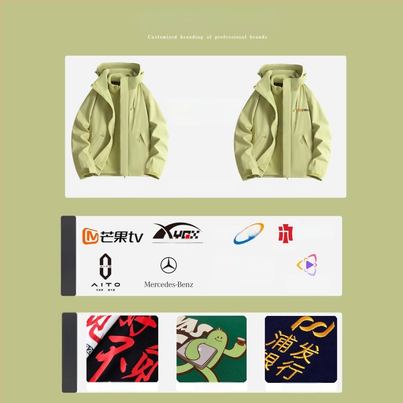 Jachetă de iarnă pentru muncă cu logo, exterior din bumbac, căptușeală din in, design trei în unu detașabil, cu glugă, lungime medie, buzunare aplicate