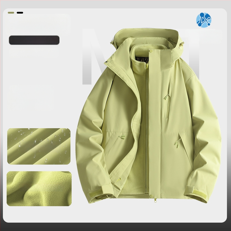 Jachetă de iarnă pentru muncă cu logo, exterior din bumbac, căptușeală din in, design trei în unu detașabil, cu glugă, lungime medie, buzunare aplicate