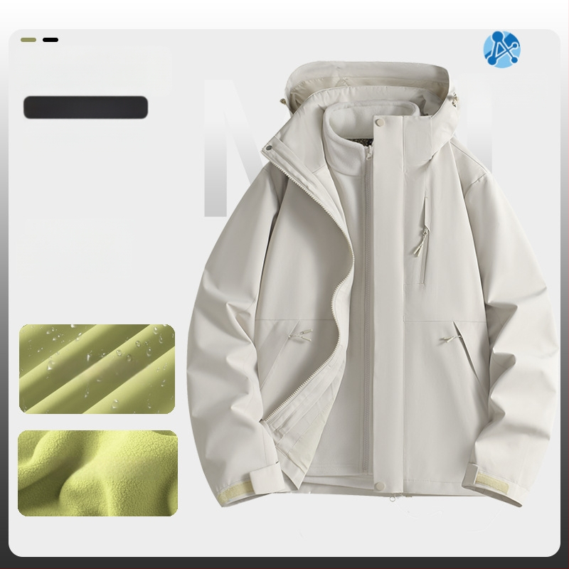 Jachetă de iarnă pentru muncă cu logo, exterior din bumbac, căptușeală din in, design trei în unu detașabil, cu glugă, lungime medie, buzunare aplicate