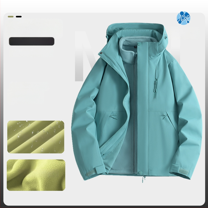 Jachetă de iarnă pentru muncă cu logo, exterior din bumbac, căptușeală din in, design trei în unu detașabil, cu glugă, lungime medie, buzunare aplicate