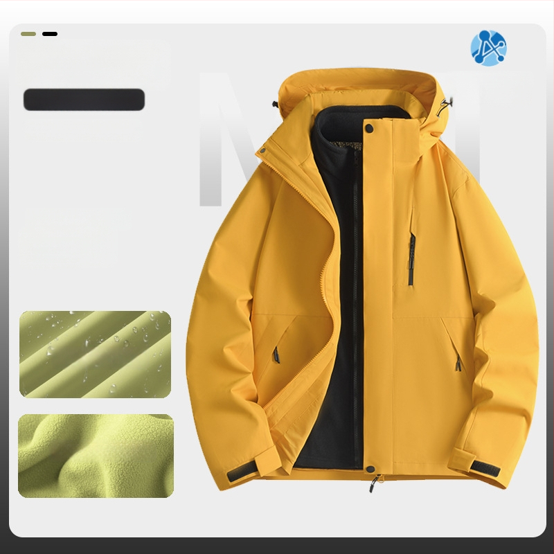 Jachetă de iarnă pentru muncă cu logo, exterior din bumbac, căptușeală din in, design trei în unu detașabil, cu glugă, lungime medie, buzunare aplicate