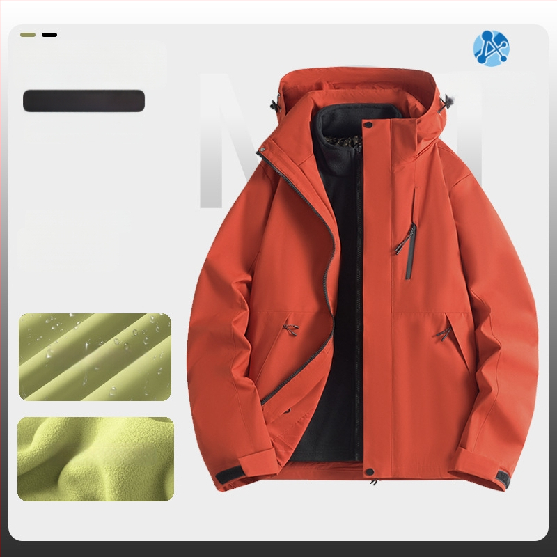 Jachetă de iarnă pentru muncă cu logo, exterior din bumbac, căptușeală din in, design trei în unu detașabil, cu glugă, lungime medie, buzunare aplicate