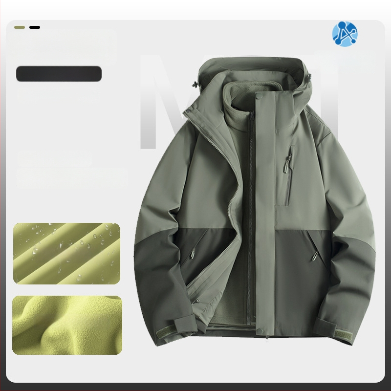 Jachetă de iarnă pentru muncă cu logo, exterior din bumbac, căptușeală din in, design trei în unu detașabil, cu glugă, lungime medie, buzunare aplicate