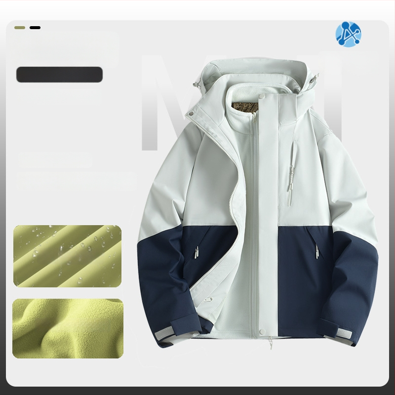 Jachetă de iarnă pentru muncă cu logo, exterior din bumbac, căptușeală din in, design trei în unu detașabil, cu glugă, lungime medie, buzunare aplicate