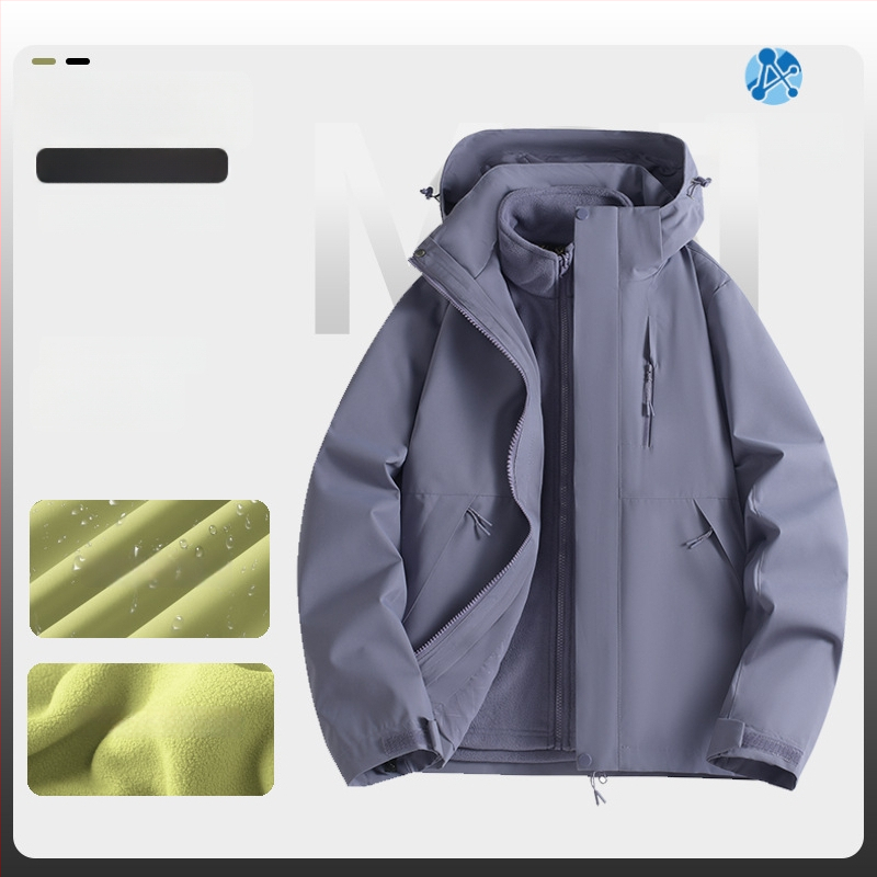 Jachetă de iarnă pentru muncă cu logo, exterior din bumbac, căptușeală din in, design trei în unu detașabil, cu glugă, lungime medie, buzunare aplicate