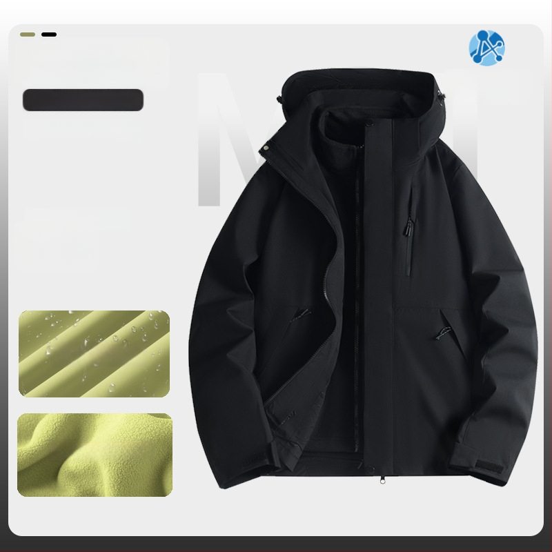 Jachetă de iarnă pentru muncă cu logo, exterior din bumbac, căptușeală din in, design trei în unu detașabil, cu glugă, lungime medie, buzunare aplicate