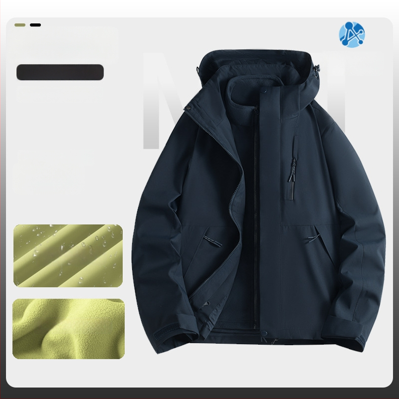 Jachetă de iarnă pentru muncă cu logo, exterior din bumbac, căptușeală din in, design trei în unu detașabil, cu glugă, lungime medie, buzunare aplicate