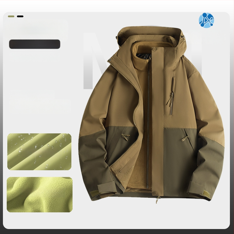 Jachetă de iarnă pentru muncă cu logo, exterior din bumbac, căptușeală din in, design trei în unu detașabil, cu glugă, lungime medie, buzunare aplicate