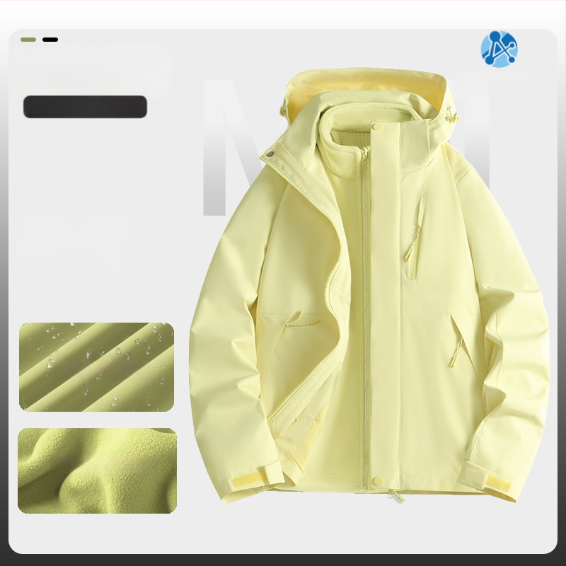 Jachetă de iarnă pentru muncă cu logo, exterior din bumbac, căptușeală din in, design trei în unu detașabil, cu glugă, lungime medie, buzunare aplicate