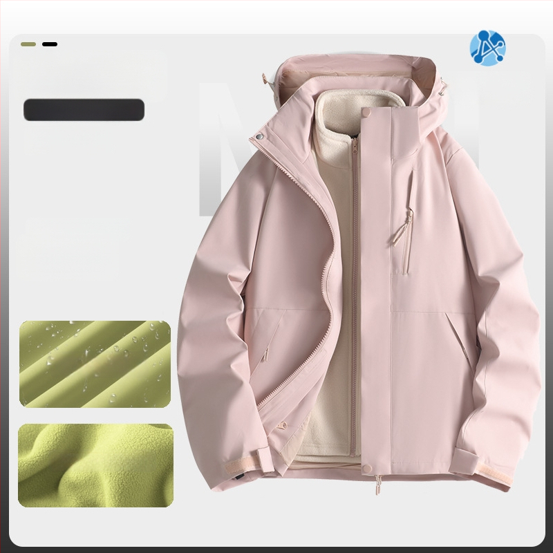 Jachetă de iarnă pentru muncă cu logo, exterior din bumbac, căptușeală din in, design trei în unu detașabil, cu glugă, lungime medie, buzunare aplicate