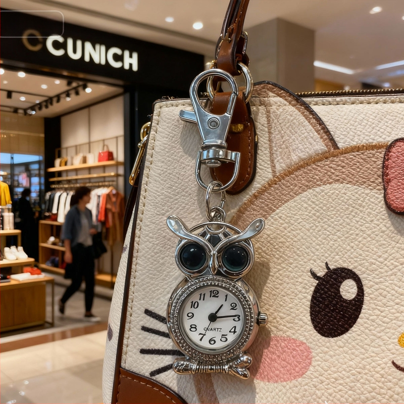 Pelėdos motyvo kišeninis laikrodis, retro stiliaus, dekoratyvus, kvarcinis mechanizmas Z618, apvalus dial diametrą 15 mm, storis 8 mm, korpusas iš cinko lydinio, raktų pakabuko sagtis, logotipas gali būti spausdinamas