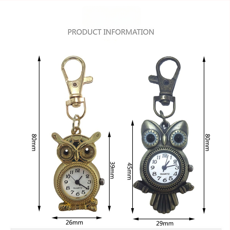 Pelėdos motyvo kišeninis laikrodis, retro stiliaus, dekoratyvus, kvarcinis mechanizmas Z618, apvalus dial diametrą 15 mm, storis 8 mm, korpusas iš cinko lydinio, raktų pakabuko sagtis, logotipas gali būti spausdinamas