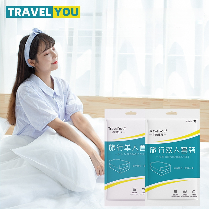 Kelioninis vienkartinis patalynės komplektas — 4 dalys, neaustas audinys, įskaitant paklodę, antklodės užvalkalą ir pagalvių užvalkalus