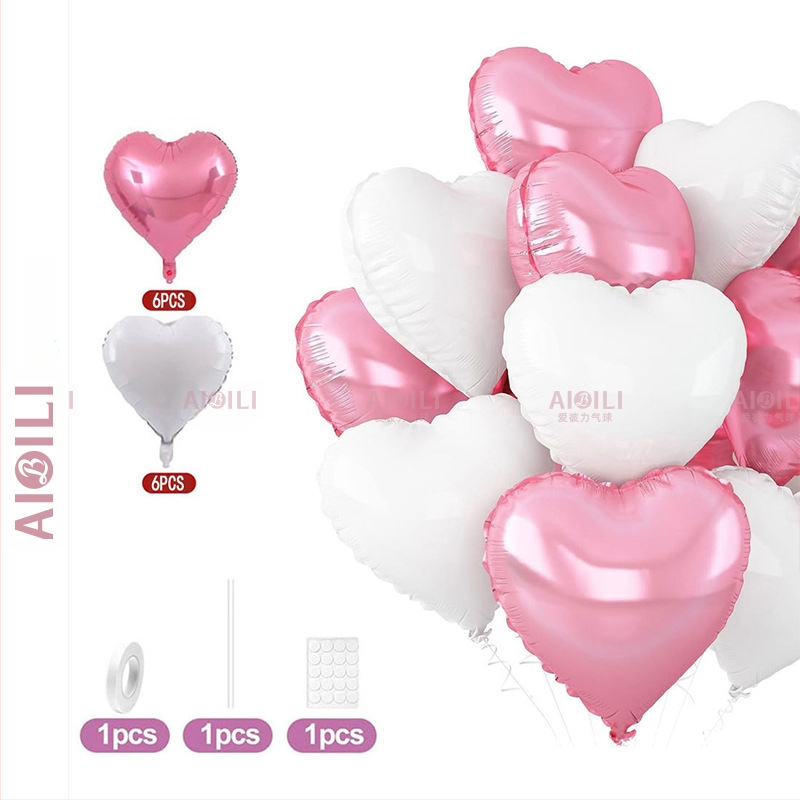 Širdies formos aliuminio folijos balionai, 12 vnt komplektas, Aubrey prekės ženklas, gimtadienio ir Valentino dienos proga