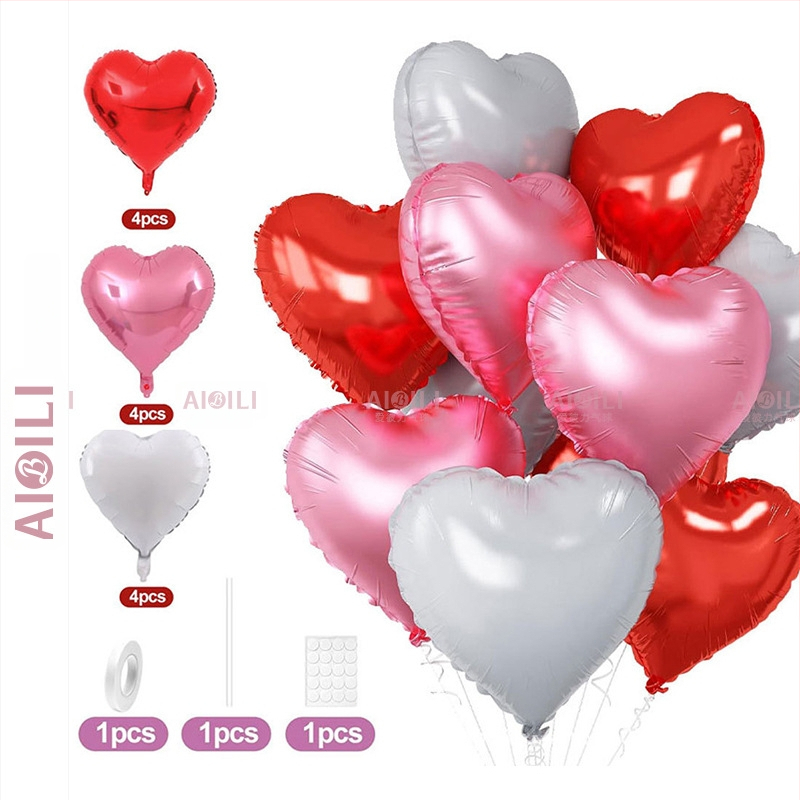 Širdies formos aliuminio folijos balionai, 12 vnt komplektas, Aubrey prekės ženklas, gimtadienio ir Valentino dienos proga