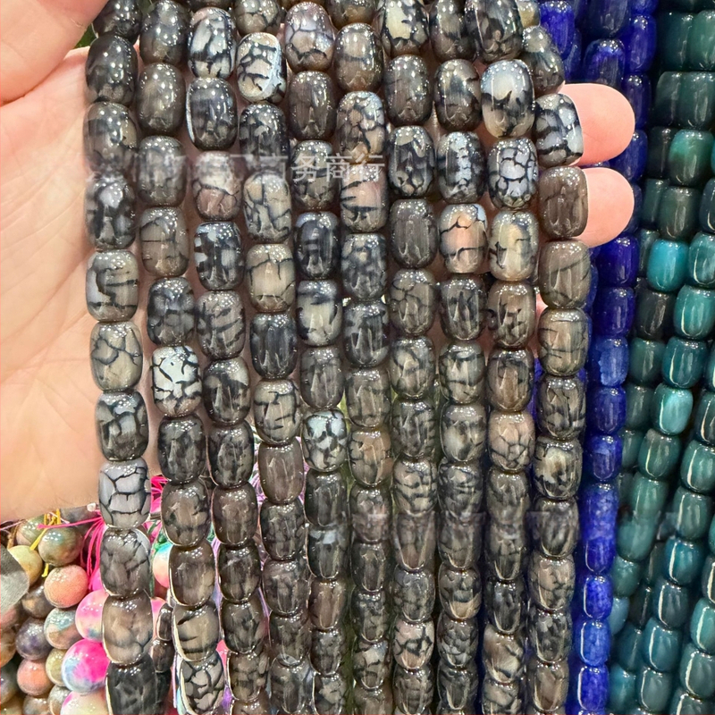 Χάντρες βαρέλι από φυσικό αχάτη με μοτίβο δράκο, ραγισμένη υφή, χειροκίνητη κοπή — εξαρτήματα DIY κοσμήματα